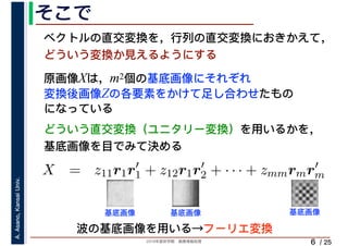 2019年度秋学期　画像情報処理
A.Asano,KansaiUniv.
/ 25
そこで
6
原画像Xは，m2個の基底画像にそれぞれ
変換後画像Zの各要素をかけて足し合わせたもの
になっている
ベクトルの直交変換を，行列の直交変換におきかえて，
どういう変換か見えるようにする
⎝ ⎠ ⎝ ⎠
X = z11r1r′
1 + z12r1r′
2 + · · · + zmmrmr′
m
m m
基底画像 基底画像 基底画像
どういう直交変換（ユニタリー変換）を用いるかを，
基底画像を目でみて決める
波の基底画像を用いる→フーリエ変換
 