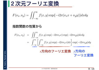 2019年度秋学期　画像情報処理
A.Asano,KansaiUniv.
/ 25
２次元フーリエ変換
9
指数関数の性質から
x方向のフーリエ変換 y方向の
フーリエ変換
F(νx, νy) =
∞
−∞
f(x, y) exp{−i2π(νxx + νyy)}dxdy
F(νx, νy) =
∞
−∞
f(x, y) exp(−i2πνxx) exp(−i2πνyy)dxdy
=
∞
−∞
∞
−∞
f(x, y) exp(−i2πνxx)dx exp(−i2πνyy)dy
 