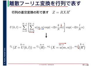 2019年度秋学期　画像情報処理
A.Asano,KansaiUniv.
/ 25
離散フーリエ変換を行列で表す
11
行列の直交変換の形で表す Z = RXR′
l↓
k→
(Z = U(k, l)) = l↓
n→
(R) · n↓
m→
(X = u(m, n)) · m↓
k→
R′
U(k, l) =
N−1
n=0
N−1
m=0
u(m, n) exp(−i2π
k
N
m) exp(−i2π
l
N
n)
　 　
 