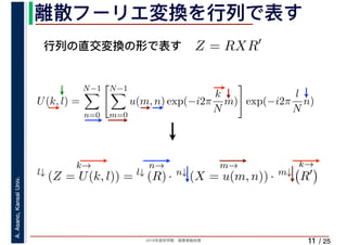 2019年度秋学期　画像情報処理
A.Asano,KansaiUniv.
/ 25
離散フーリエ変換を行列で表す
11
行列の直交変換の形で表す Z = RXR′
l↓
k→
(Z = U(k, l)) = l↓
n→
(R) · n↓
m→
(X = u(m, n)) · m↓
k→
R′
U(k, l) =
N−1
n=0
N−1
m=0
u(m, n) exp(−i2π
k
N
m) exp(−i2π
l
N
n)
　 　
 