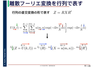 2019年度秋学期　画像情報処理
A.Asano,KansaiUniv.
/ 25
離散フーリエ変換を行列で表す
11
行列の直交変換の形で表す Z = RXR′
l↓
k→
(Z = U(k, l)) = l↓
n→
(R) · n↓
m→
(X = u(m, n)) · m↓
k→
R′
U(k, l) =
N−1
n=0
N−1
m=0
u(m, n) exp(−i2π
k
N
m) exp(−i2π
l
N
n)
　 　
 