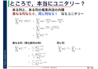 2019年度秋学期　画像情報処理
A.Asano,KansaiUniv.
/ 25
ところで，本当にユニタリー？
14
ある列と，ある列の複素共役の内積
異なる列なら０，同じ列なら１　ならユニタリー
N−1
l=0
Wln
N · (Wln′
N )∗
=
N−1
l=0
exp(−
i2πln
N
) exp(−
i2πln′
N
)
=
N−1
l=0
exp(−
i{(n − n′)2π}l
N
)
=
N−1
l=0
W
(n−n′)l
N
N−1
l=0
W
(n−n′)l
N =
1 − W
(n−n′)N
N
1 − W
(n−n′)
N
=
1 − WN
N
(n−n′)
1 − W
(n−n′)
N
=
1 − 1(n−n′)
1 − W
(n−n′)
N
= 0
N−1
l=0
W
(n−n′)l
N =
N−1
l=0
1 = N
異なる列（等比数列の和） 同じ列
 