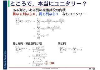 2019年度秋学期　画像情報処理
A.Asano,KansaiUniv.
/ 25
ところで，本当にユニタリー？
14
ある列と，ある列の複素共役の内積
異なる列なら０，同じ列なら１　ならユニタリー
N−1
l=0
Wln
N · (Wln′
N )∗
=
N−1
l=0
exp(−
i2πln
N
) exp(−
i2πln′
N
)
=
N−1
l=0
exp(−
i{(n − n′)2π}l
N
)
=
N−1
l=0
W
(n−n′)l
N
N−1
l=0
W
(n−n′)l
N =
1 − W
(n−n′)N
N
1 − W
(n−n′)
N
=
1 − WN
N
(n−n′)
1 − W
(n−n′)
N
=
1 − 1(n−n′)
1 − W
(n−n′)
N
= 0
N−1
l=0
W
(n−n′)l
N =
N−1
l=0
1 = N
異なる列（等比数列の和） 同じ列
OK
 