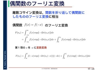 2019年度秋学期　画像情報処理
A.Asano,KansaiUniv.
/ 25
偶関数のフーリエ変換
17
離散コサイン変換は，関数を折り返して偶関数に
したもののフーリエ変換に相当
偶関数 f(x) = f(−x)
F(νx) =
∞
−∞
f(x) exp{−i2π(νxx)}dx
=
0
−∞
f(x) exp{−i2π(νxx)}dx +
∞
0
f(x) exp{−i2π(νxx)}dx
F(νx) =
0
∞
f(−x) exp{−i2π(νx(−x))}(−dx) +
∞
0
f(x) exp{−i2π(νxx)}dx
∞ ∞
のフーリエ変換
第１項の x を -x に変数変換
 