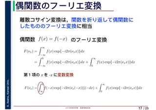 2019年度秋学期　画像情報処理
A.Asano,KansaiUniv.
/ 25
偶関数のフーリエ変換
17
離散コサイン変換は，関数を折り返して偶関数に
したもののフーリエ変換に相当
偶関数 f(x) = f(−x)
F(νx) =
∞
−∞
f(x) exp{−i2π(νxx)}dx
=
0
−∞
f(x) exp{−i2π(νxx)}dx +
∞
0
f(x) exp{−i2π(νxx)}dx
F(νx) =
0
∞
f(−x) exp{−i2π(νx(−x))}(−dx) +
∞
0
f(x) exp{−i2π(νxx)}dx
∞ ∞
のフーリエ変換
第１項の x を -x に変数変換
 