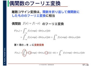 2019年度秋学期　画像情報処理
A.Asano,KansaiUniv.
/ 25
偶関数のフーリエ変換
17
離散コサイン変換は，関数を折り返して偶関数に
したもののフーリエ変換に相当
偶関数 f(x) = f(−x)
F(νx) =
∞
−∞
f(x) exp{−i2π(νxx)}dx
=
0
−∞
f(x) exp{−i2π(νxx)}dx +
∞
0
f(x) exp{−i2π(νxx)}dx
F(νx) =
0
∞
f(−x) exp{−i2π(νx(−x))}(−dx) +
∞
0
f(x) exp{−i2π(νxx)}dx
∞ ∞
のフーリエ変換
第１項の x を -x に変数変換
 