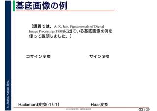 2019年度秋学期　画像情報処理
A.Asano,KansaiUniv.
/ 25
基底画像の例
22
コサイン変換 サイン変換
Hadamard変換(-1と1） Haar変換
（講義では， A. K. Jain, Fundamentals of Digital
Image Processing (1988)に出ている基底画像の例を
使って説明しました。）
 