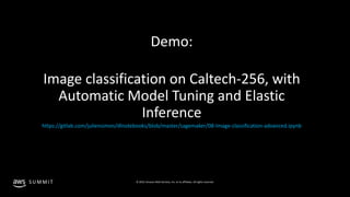 © 2019, Amazon Web Services, Inc. or its affiliates. All rights reserved.S U M M I T
Demo:
Image classification on Caltech-256, with
Automatic Model Tuning and Elastic
Inference
https://gitlab.com/juliensimon/dlnotebooks/blob/master/sagemaker/08-Image-classification-advanced.ipynb
 