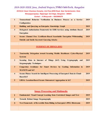 2019-2020 IEEE Java, Android Projects,TMKS InfoTech, Bangalore
#1510,Sri Gowri Shankara Complex, 2nd Floor,MKK Road, Near Harishchandra Ghat,
Mariyappanapalya, Rajajinagar 2nd Stage, Bangalore - 560021.
Contact :: K.Manjunath -- 09535866270
1 Transactional Behavior Verification in Business Process as a Service
Configuration
2019
2 Building and Querying an Enterprise Knowledge Graph 2019
3 Delegated Authorization Framework for EHR Services using Attribute Based
Encryption
2019
4 Secure Channel Free Certificate-Based Searchable Encryption Withstanding
Outside and Inside Keyword Guessing Attacks
2019
INTERNET OF THINGS (IOT)
1 Trustworthy Delegation toward Securing Mobile Healthcare Cyber-Physical
Systems
2019
2 Securing Data in Internet of Things (IoT) Using Cryptography and
Steganography Techniques
2019
3 Congestion Avoidance for Smart Devices by Caching Information in
MANETS and IoT
2019
4 Secure Phrase Search for Intelligent Processing of Encrypted Data in Cloud-
BasedIoT
2019
5 LBOA: Location-Based Secure Outsourced Aggregation in IoT 2019
Image Processing and Multimedia
1 Fundamental Visual Concept Learning from Correlated Images and Text 2019
2 Towards Robust Image Steganography 2019
3 New Framework of Reversible Data Hiding in Encrypted JPEG Bitstreams 2019
 