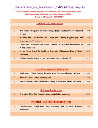 2019-2020 IEEE Java, Android Projects,TMKS InfoTech, Bangalore
#1510,Sri Gowri Shankara Complex, 2nd Floor,MKK Road, Near Harishchandra Ghat,
Mariyappanapalya, Rajajinagar 2nd Stage, Bangalore - 560021.
Contact :: K.Manjunath -- 09535866270
INTERNET OF THINGS (IOT)
1 Trustworthy Delegation toward Securing Mobile Healthcare Cyber-Physical
Systems
2019
2 Securing Data in Internet of Things (IoT) Using Cryptography and
Steganography Techniques
2019
3 Congestion Avoidance for Smart Devices by Caching Information in
MANETS and IoT
2019
4 Secure Phrase Search for Intelligent Processing of Encrypted Data in Cloud-
BasedIoT
2019
5 LBOA: Location-Based Secure Outsourced Aggregation in IoT 2019
Image Processing and Multimedia
1 Fundamental Visual Concept Learning from Correlated Images and Text 2019
2 Towards Robust Image Steganography 2019
3 New Framework of Reversible Data Hiding in Encrypted JPEG Bitstreams 2019
Software Engineering
1 Scheduling Real Time Security Aware tasks in Fog Networks 2019
Parallel and Distributed System
1 Deadline-aware MapReduce Job Scheduling with Dynamic Resource
Availability
2019
 