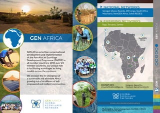 GENREGIONSGENAFRICA
GEN Africa prioritises organisational
development and implementation
of the Pan-African Ecovillage
Development Programme (PAEDP) in
all member countries. With over 23
member countries, our unique role
is facilitating ecovillages as living
models across the continent.
We envision the re-emergence of
a sustainable and abundant Africa
growing out of an alliance of self-
empowered and resilient communities.
GEN AFRICA
ECOVILLAGE.ORG/REGION/GEN-AFRICA
Senegal, Ghana, Rwanda, DR Congo, South Africa
Mauritania, NextGEN Africa, Sahel (REDES)
Togo, Tanzania, Zambia
NATIONAL NETWORKS
EMERGING NETWORKS
CONTACT INFO:
info.genafrica@ecovillage.org
Instagram: @genafrica
Facebook: @genafricanetwork/
NextGEN
Africa
Photo credit to: Anantha Kanagalingam, Issa Diallo, G-BIACK,
Permaculture Ghana, WSN,
 