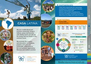 GENREGIONSCASALATINA
CASA LATINA
We are a multicultural and
inclusive community, living in
fullness, peace and harmony
with Mother Earth and with all
the beings that we inhabit in this
common house.
We promote the creation
and articulation of initiatives,
projects, networks and
sustainable settlements to
live and promote regenerative
lifestyles and resilient societies
Existing CASA
national networks:
CASA Latina implemented 30+ partnerships,
including: Art of Hosting Network, Transition
Network, Permaculture Latin
Network, Gaia U Latina, Ecopoblaciones,
Viracocha Foundation, OmniUnity Foundation,
Aldea Domo Ecovillage and El Jardin Ecoschool.
PARTNERSHIPS
NETWORKS
ECOVILLAGE.ORG REDCASALATINA.ORG
Photo credit to: Huehuecoyotl, MariaLuiza, 3er Foro DMT, André
Camilo Martinez, Daniela Herrera, Proyecto Gaia, Andrés Liévano
 