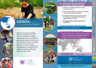 GENREGIONSGENOA(OCEANIAANDASIA)
GENOA, the Global Ecovillage
Network of Oceania & Asia, is a
network of people, ecovillages,
organisations, networks, and local
government bodies in Oceania and
Asia. GENOA promotes ecovillage
lifestyles and spaces where
people live and work together in a
sustainable way, with dignity and
integrity, in harmony with each
other and with nature.
GENOA
OCEANIA AND ASIA
ECOVILLAGE.ORG/REGION/GENOA
GENOA CONTACT INFO:
Email: genoa@ecovillage.org Facebook: @GENOA1
Initiation of the Aotearoa/New Zealand
Ecovillage Network
Fiji Ecovillage Network with local partnerships
and pilot communities identified.
Local partnerships in Sri Lanka for Women
Ecovillage Transition Project designed for
implementation in 2020.
EcovillageTransitionStrategiesthroughGENOA
EmerGENcies
EMERGING NETWORKS
Australia, Japan, NextGEN Korea
REGISTERED NETWORKS
NEW PARTNERSHIPS &
NATIONAL NETWORKS
Bhutan, Cambodia, China, Hong Kong, India, Malaysia,
Myanmar, Nepal, Aotearoa/New Zealand, Philippines,
Singapore, Sri Lanka, Taiwan, Thailand, Vanuatu
Photo credit to: Oriana Bonilla, Sebastian Pibi, Charles Katere,
Selase, Cisca van Stuijvenberg, Clara Ruiz, Cynthia Tina,
 