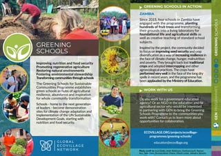 Improving nutrition and food security
Promoting regenerative agriculture
Restoring natural environments
Fostering environmental stewardship
Transformingcommunitiesthroughschools
The Greening Schools for Sustainable
Communities Programme establishes
green schools as hubs of agricultural
resilience, abundance and inspiration
for whole community transformation.
Schools - home to the next generation
of leaders - become demonstration
sites for climate change adaptation and
implementation of the UN Sustainable
Development Goals, starting with
nutrition and food security.
GREENING
SCHOOLS
ECOVILLAGE.ORG/projects/ecovillage-
programmes/greening-schools/
education@ecovillage.org
ZAMBIA
Since 2015, four schools in Zambia have
engaged with the programme, planting
hundreds of fruit trees and transforming
their grounds into a living laboratory for
foundational life and agricultural skills as
well as creative teaching of standard school
subjects.
Inspired by the project, the community decided
to focus on improving seed security and crop
diversification as a way of increasing resilience in
the face of climate change, hunger, malnutrition
and poverty.They brought back lost traditional
crops and adopted intercropping and other
agroecological practices.The crops have
performedverywell in the face of the long dry
spells in recent years, and the programme has
been applauded bythe MinistryofEducation.
Do you work for a government education
agency? Or an NGO in the education and/or
agricultural sector who would be interested
in partnering with GEN to bring the Greening
Schools Programme to the communities you
work with? Contact us to learn more about
opportunities for collaboration.
GREENING SCHOOLS IN ACTION:
WORK WITH US
Photo credit to: Issa Diallo, Amin Robinson, Huehuecoyotl, Narara
Aus, Twin Oaks, Permaculture Ghana, Kibutz Lotan, Jamaica Stevens
GENPROGRAMMESGREENINGSCHOOLS
 