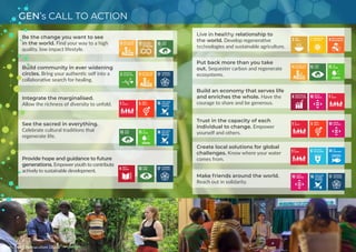 GEN’s CALL TO ACTION
photo credit: Permaculture Ghana
Live in healthy relationship to
the world. Develop regenerative
technologies and sustainable agriculture.
Put back more than you take
out. Sequester carbon and regenerate
ecosystems.
Build an economy that serves life
and enriches the whole. Have the
courage to share and be generous.
Trust in the capacity of each
individual to change. Empower
yourself and others.
Create local solutions for global
challenges. Know where your water
comes from.
Make friends around the world.
Reach out in solidarity.
Be the change you want to see
in the world. Find your way to a high
quality, low impact lifestyle.
Build community in ever widening
circles. Bring your authentic self into a
collaborative search for healing.
Integrate the marginalised.
Allow the richness of diversity to unfold.
See the sacred in everything.
Celebrate cultural traditions that
regenerate life.
Provide hope and guidance to future
generations. Empoweryouth to contribute
actively to sustainable development.
 