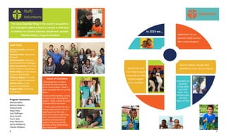 8
The most beautiful thing in the world is to watch as
the Holy Spirit softens a heart, to watch a child start
to believe he is loved, enjoyed, valued and wanted.
~Mandie Meyer, Program Assistant
Lead Team
Becky Costello, Executive
Director
Lindsay Hinze, Operations
Manager
Sarah Lewton, Volunteer
Coordinator/Grant Manager
Kyle Linnemann, PreK-2nd
Grade Program Coordinator
Drew Oxley, 3rd-6th Grade
Program Coordinator
Brittany Rogers, 7th-12th
Grade Program Coordinator
Jeffrey Davis, Junior
Assistant Coordinator
Reggie Willis, STAR Club
Coordinator
Program Assistants:
Melissa Baker
Melissa Blowers
Emrey Carter
Hope Davis
Josh Deffinger
Anna Hunter
Tonni Jobe
Shay Patterson
Janine Shelborne
Charles Williams
Voices of Volunteers
“Amazing Grace in action
through the love shown by
these camp leaders. What a
great example that we are the
body.”
“Some of the brightest smiles
in some of the most difficult
spaces. I have a place for each
of these kids in my heart.”
“I really appreciated the love,
energy and genuine care the
staff had for all the kids. I
learned a lot from observing
their interactions with the
students and the level of
respect they have earned
because of the relationships
they have built.”
Staff/
Volunteers
5
added Pre-K to our
Summer Camp and our
after school program.
Expansion
extended our
Summer
Camp daily
by a half
hour. Our
campers got
15 more
hours of fun!
piloted the Fit &
Fun Friday Program
to provide our after
school program
every weekday.
In 2019 we...
had our highest average daily
attendance in our 16 year history.
 