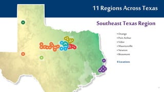11 Regions Across Texas
Southeast TexasRegion
• Orange
• Port Arthur
• Vidor
• Mauriceville
• Newton
• Beaumont
6 Locations
67
 