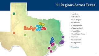 11 Regions Across Texas
• Abilene
• Hereford
• San Angelo
• Cleburne
• Stephenville
• Weatherford
• Southlake
• Southeast Texas
• Conroe
• Fort Worth
• Kingwood
73Locations
71
 