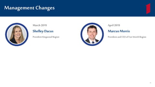 Management Changes
April 2019
Marcus Morris
President and CEO of Fort Worth Region
78
March 2019
Shelley Dacus
President Kingwood Region
 