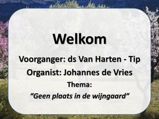 Welkom
Voorganger: ds Van Harten - Tip
Organist: Johannes de Vries
Thema:
“Geen plaats in de wijngaard”
 