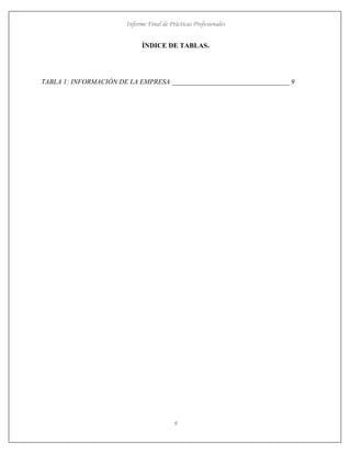 Informe Final de Prácticas Profesionales
6
ÍNDICE DE TABLAS.
TABLA 1: INFORMACIÓN DE LA EMPRESA __________________________________ 9
 