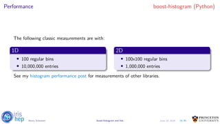 Performance boost-histogram (Python)
The following classic measurements are with:
1D
• 100 regular bins
• 10,000,000 entries
2D
• 100x100 regular bins
• 1,000,000 entries
See my histogram performance post for measurements of other libraries.
16/30Henry Schreiner boost-histogram and hist June 19, 2019
 