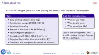 A slide about hist hist
hist is the ‘wrapper’ piece that does plotting and interacts with the rest of the ecosystem.
Plans
• Easy plotting adaptors (mpl-hep)
• Serialization formats (ROOT, HDF5)
• Auto-multithreading
• Statistical functions (Like TEfficiency)
• Multihistograms (HistBook)
• Interaction with fitters (ZFit, GooFit, etc)
• Bayesian Blocks algorithm from SciKit-HEP
• Command line histograms for stream of numbers
Call for contributions
• What do you need?
• What do you want?
• What would you like?
Join in the development! This
should combine the best features
of other packages.
29/30Henry Schreiner boost-histogram and hist June 19, 2019
 