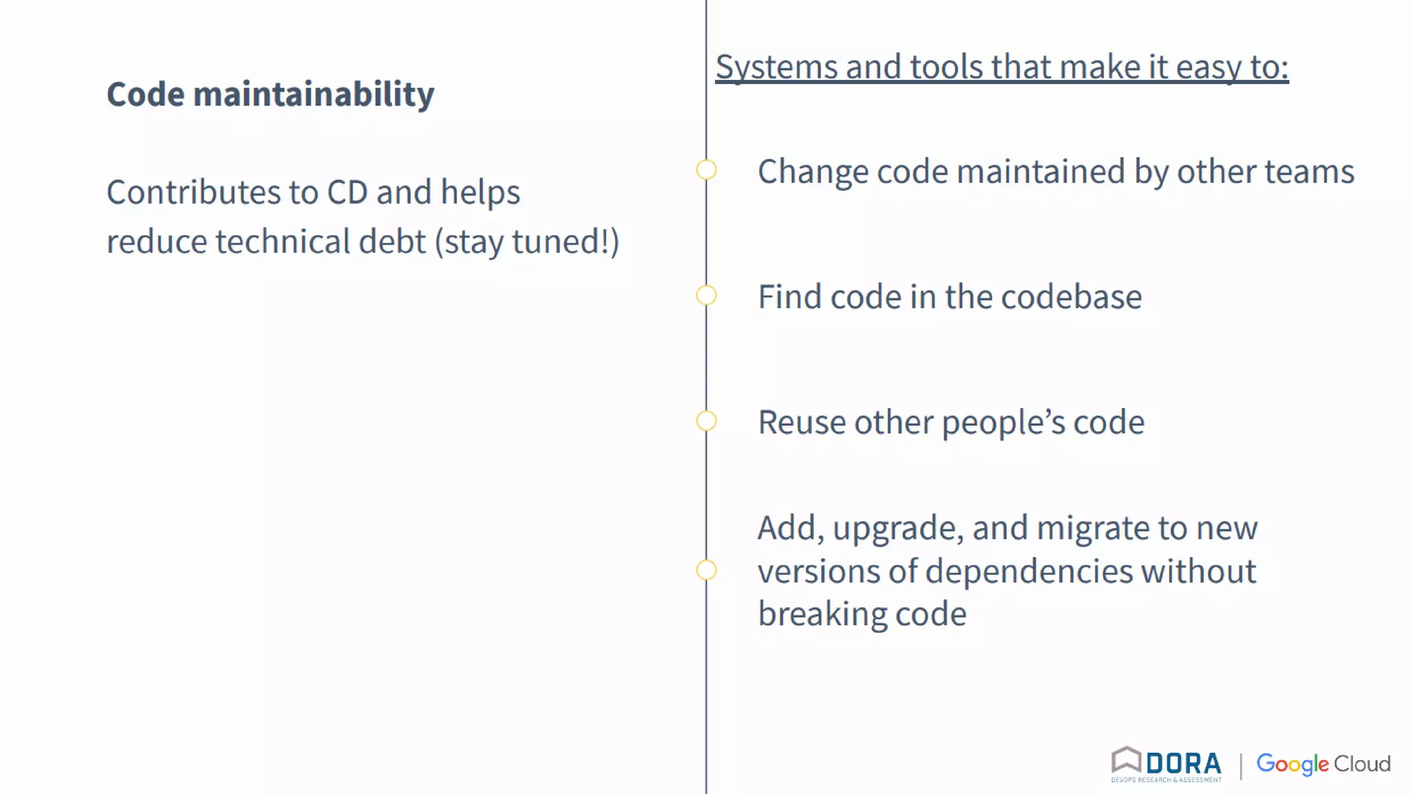 Code maintainability
Contributes to CD and helps
reduce technical debt (stay
tuned!)
Change code maintained by other teams
Find code in the codebase
Reuse other people’s code
Add, upgrade, and migrate to new
versions of dependencies without
breaking code
Systems and tools that make it easy to:
 