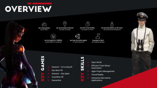 we are experts in UNREAL
a great engine for our games
we love the Unity engine
2nd best thing in life
we have 40 talents on the team
with international background
we love to be healthy
we support our team
we are located in Munich
the heart of Europe
we create games
and we love it
Founded in 2013
25+ projects released
Ostwind – Ari’s Ankunft
Das Boot VR
Ostwind – Das Spiel
Coal Mine VR
Quarantine
Open World
Efficient Tools Setup/
Automation
Agile Project Management
Virtual Reality
Interactive Non-Game
Applications
 
