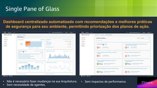 © 2018, Amazon Web Services, Inc. or its Affiliates. All rights reserved.
Single Pane of Glass
Dashboard centralizado automatizado com recomendações e melhores práticas
de segurança para seu ambiente, permitindo priorização dos planos de ação.
• Não é necessário fazer mudanças na sua Arquitetura.
• Sem necessidade de agentes.
• Sem impactos de performance.
 