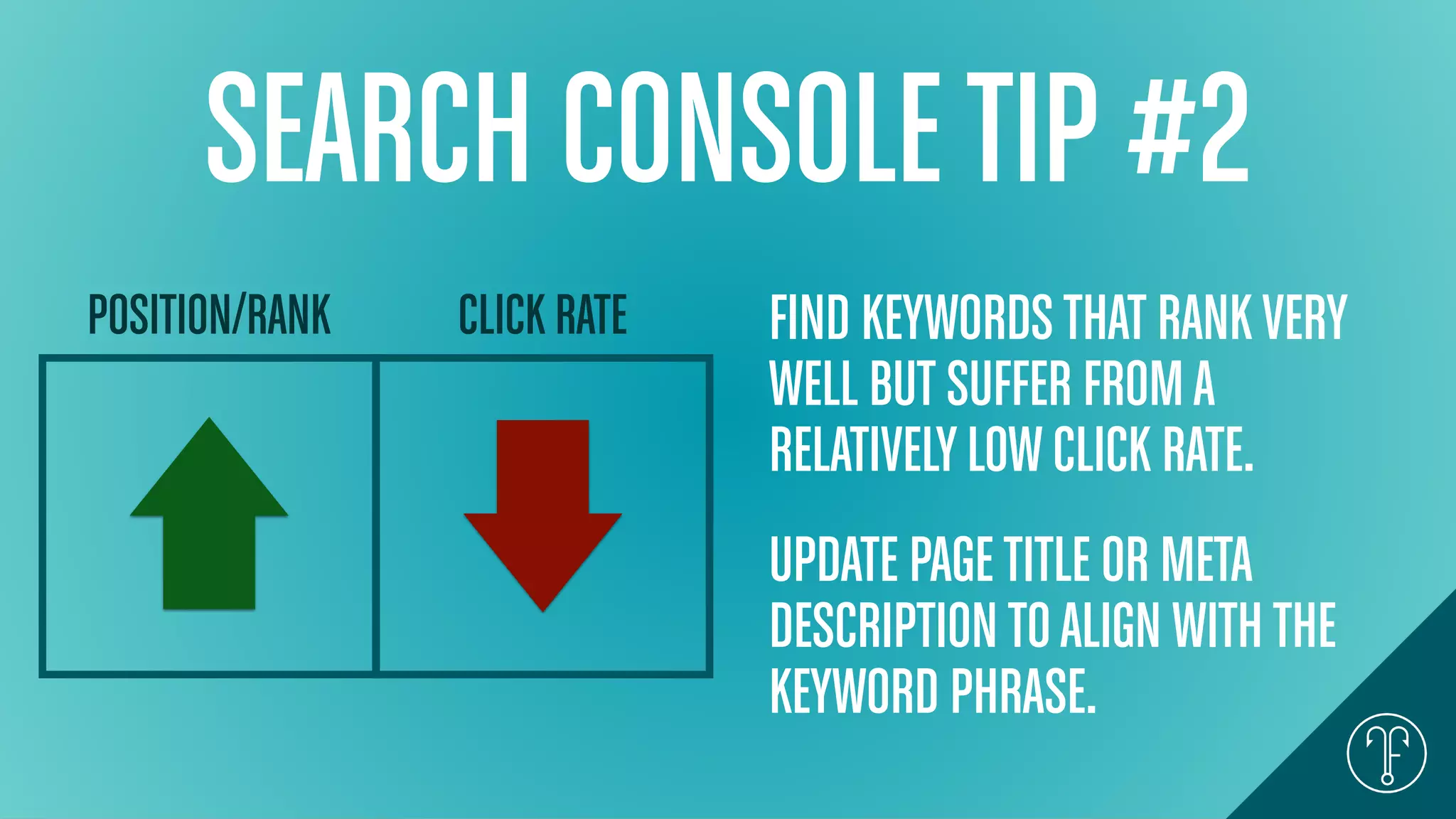 SEARCH CONSOLETIP #2
POSITION/RANK CLICK RATE FIND KEYWORDSTHAT RANKVERY
WELL BUT SUFFER FROMA
RELATIVELYLOWCLICK RATE.
UPDATE PAGETITLE OR META
DESCRIPTION TOALIGN WITHTHE
KEYWORD PHRASE.
 