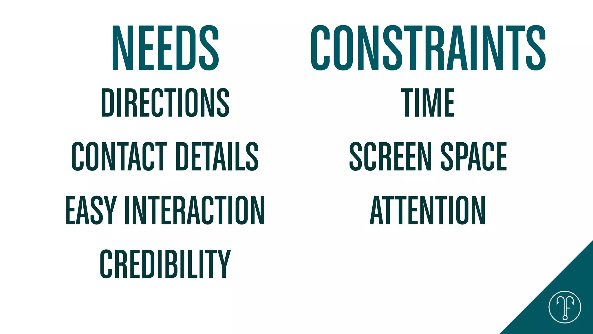 NEEDS CONSTRAINTS
TIME
SCREEN SPACE
ATTENTION
DIRECTIONS
CONTACT DETAILS
EASYINTERACTION
CREDIBILITY
 