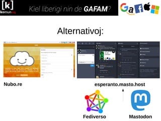 Alternativoj:
Nubo.re esperanto.masto.host
Fediverso Mastodon
 