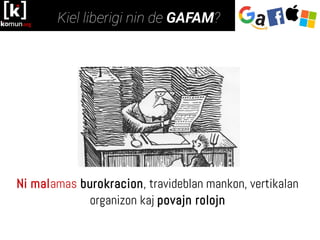 Ni malamas burokracion, travideblan mankon, vertikalan
organizon kaj povajn rolojn
 