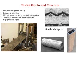 Textile Reinforced Concrete
Sandwich layers
• Low cost equipment set up
• Uniform production
• high performance fabric-cement composites
• Tension, Compression, beam members
• High pressure pipes
 