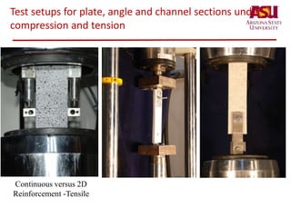 Test setups for plate, angle and channel sections under
compression and tension
Continuous versus 2D
Reinforcement -Tensile
 