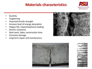 Materials characteristics
• Ductility
• Toughening
• Improved tensile strength
• Increase level of energy absorption
• Fatigue life, impact/explosive loading
• Seismic resistance
• Steel work, labor, construction time.
• Corrosion damage
• Long-term repair and maintenance.
500 m
20 m
(c)
200 m
(d)
500 m
 