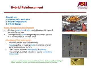 Hybrid Reinforcement
Alternatives:
1- Conventional Steel Bars
2- Fiber Reinforcement
3- Hybrid Design
Issues with conventional reinforcement
• Signiﬁcant space, time & labor needed to assemble cages &
place reinforcing bars
• Spalling/Bursting cracks at segment joints/corners because
of no reinforcement at concrete cover
Advantages of fiber reinforcement
• Improved precast production efficiency
• Reduce spalling or bursting cracks of concrete cover at
vulnerable edges and corners
• Crack control, improved serviceability & durability
• High strength, ductility & robustness against unintentional
impact loads
Segments near portal of Alaskan Way Viaduct/SR99 (Dia. 17.5m)– Reinforcement Ratio > 120 kg/m3
(Largest TBM tunnel in the world which is heavily reinforced but large cracks are observable)
 