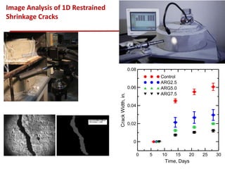 Image Analysis of 1D Restrained
Shrinkage Cracks
0 5 10 15 20 25 30
Time, Days
0
0.02
0.04
0.06
0.08
CrackWidth,in.
Control
ARG2.5
ARG5.0
ARG7.5
 