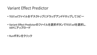 Variant Effect Predictor
? TEST.vcfեǥȥåפ˥ɥåɥɥåפƥԩ`
? Variant Effect PredictorΥեxkܥTEST.vcfxk
VEP˥åץ`
? Runܥ򥯥å
 