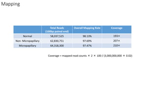 Total Reads
(100bp paired end)
Overall Mapping Rate Coverage
Normal 58,037,525 98.13% 193
Non- Micropapillary 62,830,751 97.69% 207
Micropapillary 64,318,300 97.47% 210
Coverage = mapped read counts  2  100 / (3,000,000,000  0.02)
Mapping
 