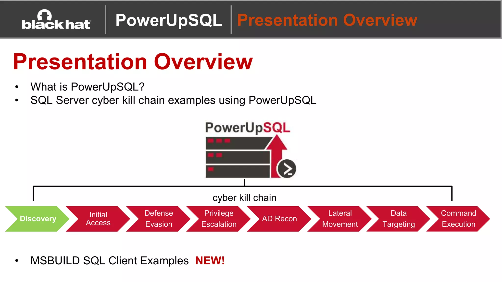 Data
Targeting
Command
Execution
Privilege
Escalation
AD Recon
Lateral
Movement
Discovery
Initial
Access
Defense
Evasion
• What is PowerUpSQL?
• SQL Server cyber kill chain examples using PowerUpSQL
• MSBUILD SQL Client Examples NEW!
PowerUpSQL Presentation Overview
Presentation Overview
cyber kill chain
 