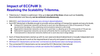 Impact of ECCPoW 3:
Resolving the Scalability Trilemma.
 Trilemma by V. Buterin is well known: Only up to two out of the three virtues such as Scalability,
Decentralization and Security can be achieved simultaneously.
 With ECC, each blockchain is already very strong in decentralization.
 Each EEC blockchain is flexible enough to provide various settings of transaction speeds and security levels.
 Campus ECC blockchain networks can be set to work very fast allowing up to 100s of thousands of TXs per
second since the delay of the underlying communications network is very small.
 Regional ECC blockchain networks can be set to work fast, i.e. allowing up to 10s of thousands of TXs per sec.
 National ECC blockchain networks can be set sufficiently fast for covering inter-regional transactions.
 Transnational ECC blockchain networks shall be set to work slow due to large delays.
 Each of these blockchains started up with its own seed and decentralized level is mutually independent and
each one can be set to work at the required level of security and speed to serve its purpose.
 All these ECC blockchains can be inter-connected via distributed value-exchange networks.
 The connected ECC blockchains can be named the ECC Blockchain International.
 ECC Blockchain International as a whole can resolve the Scalability Trilemma.
42
 