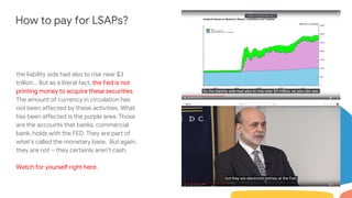 How to pay for LSAPs?
the liability side had also to rise near $3
trillion… But as a literal fact, the Fed is not
printing money to acquire these securities.
The amount of currency in circulation has
not been affected by these activities. What
has been affected is the purple area. Those
are the accounts that banks, commercial
bank, holds with the FED. They are part of
what’s called the monetary base. But again,
they are not – they certainly aren’t cash.
Watch for yourself right here.
 