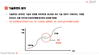 2019
Trend Korea
기술트렌드 분석
• 기술트렌드 분석이란 기술의 변화를 지속적으로 모니터링 해서 기술 변화가 가져다주는 기회를
찾아내고, 이를 기반으로 창업아이템을 탐색하는 방법을 의미함
• 4차 산업혁명과 관련해서 O2O, IOT, 인공지능, 블록체인, VR, AR과 같은 아이템이 부상함
기술
수준
시간
신기술
기존기술
창업
아이디어
 