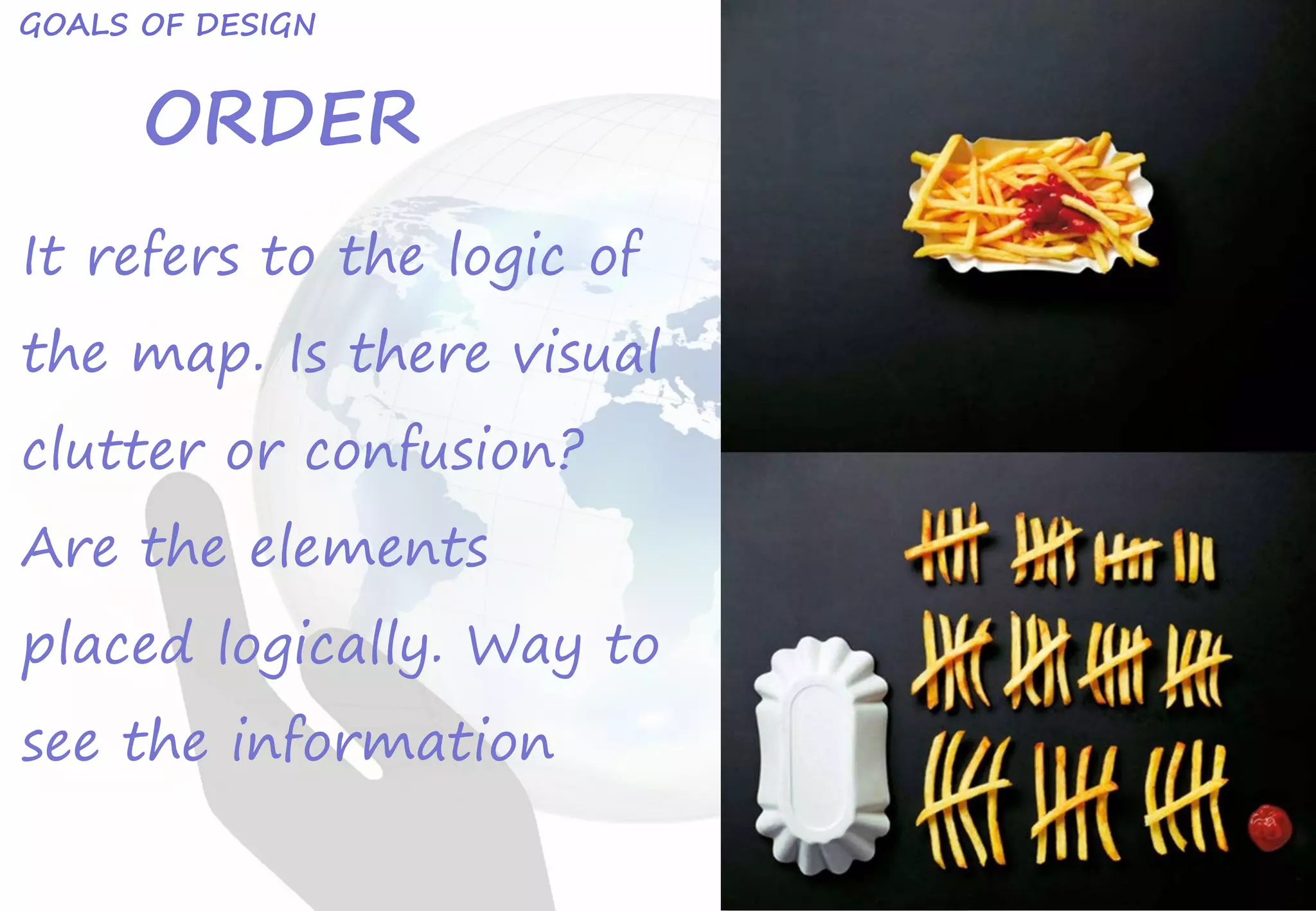GOALS OF DESIGN
It refers to the logic of
the map. Is there visual
clutter or confusion?
Are the elements
placed logically. Way to
see the information
ORDER
 
