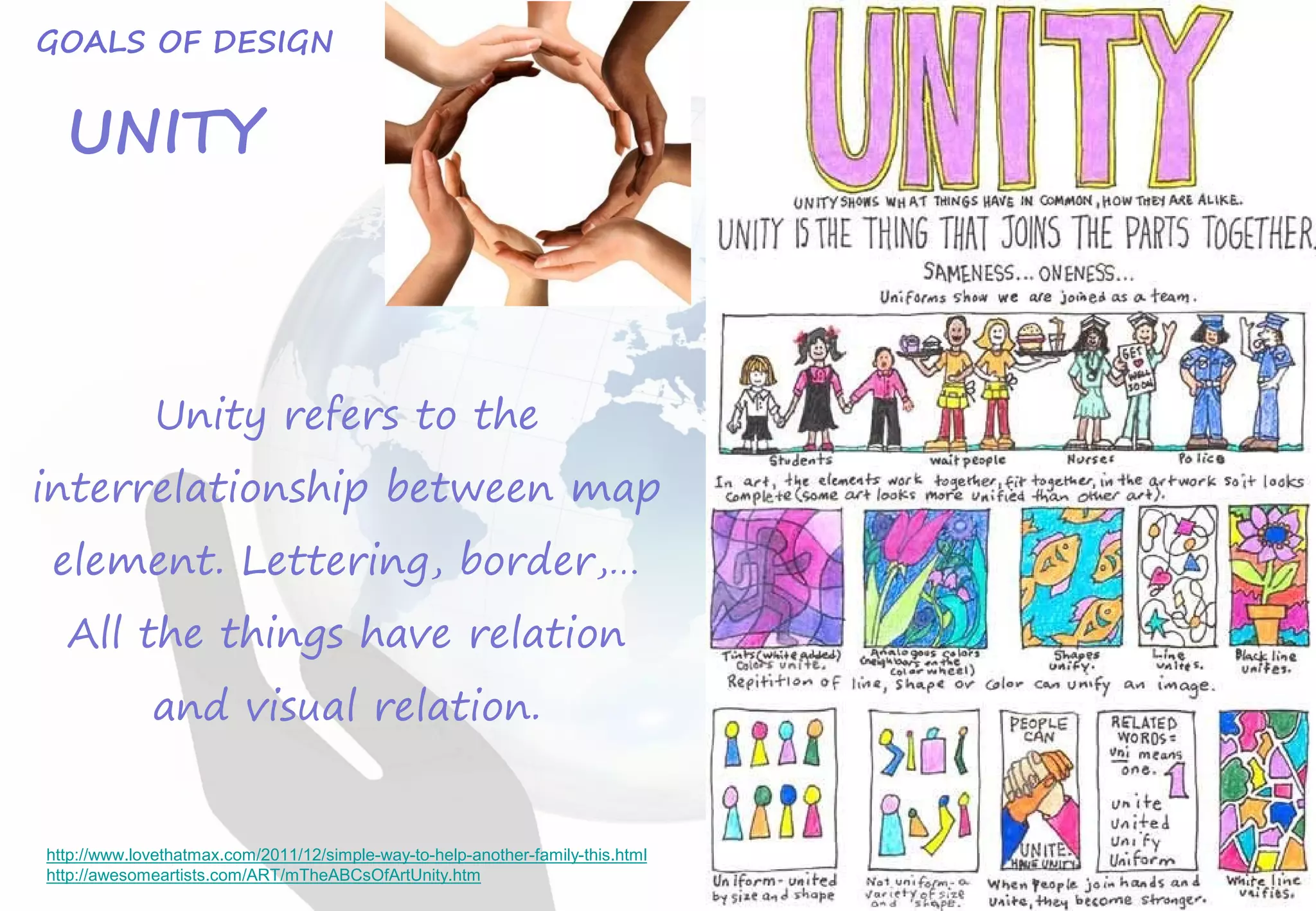GOALS OF DESIGN
Unity refers to the
interrelationship between map
element. Lettering, border,…
All the things have relation
and visual relation.
UNITY
http://www.lovethatmax.com/2011/12/simple-way-to-help-another-family-this.html
http://awesomeartists.com/ART/mTheABCsOfArtUnity.htm
 