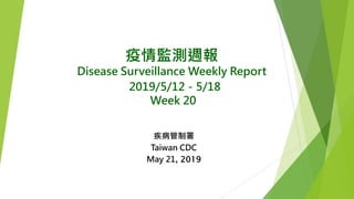 疫情監測週報
Disease Surveillance Weekly Report
2019/5/12－5/18
Week 20
疾病管制署
Taiwan CDC
May 21, 2019
 