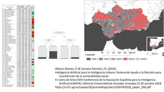 Abarca-Alvarez, FJ & Campos-Sánchez, FS. (2018).
Inteligencia Artificial para la Inteligencia Urbana: Sistema de Ayuda a la Decisión para
la predicción de la vulnerabilidad social.
En Libro de Actas XVIII Conferencia de la Asociación Española para la Inteligencia
Artificial (CAEPIA). Editorial Universidad de Granada. Granada 23-26 octubre 2018.
https://sci2s.ugr.es/caepia18/proceedings/docs/CAEPIA2018_paper_266.pdf
N de instancias (%) 5381 100.00
Atributo Media DS Media DS conf TE
2.1_EquipSaludPor1000Hab 1.39 6.16 1.56 2.45 ns
2.1_EquipEducacionPor1000Hab 1.14 2.36 2.16 3.20 *** +
2.1_EquipBienestarPor1000Hab 0.83 1.68 1.85 3.77 *** ++
2.1_EquipCulDepPor1000Hab 0.72 1.47 1.94 3.07 *** +++
2.1_EquipamientosPor1000Hab 4.08 8.31 7.51 7.25 *** +
2.2_%NoAguaCorriente 0.91 2.84 3.16 6.47 *** ++
2.2_%Gas 22.77 33.76 12.31 28.29 *** -
2.2_%Telefono 86.96 17.48 63.45 23.69 *** ---
2.5_%PocaLimpiezaCalles 35.10 19.82 21.23 22.00 *** --
2.6_%Delincuencia 25.32 23.67 4.94 10.62 *** ---
3.1_Poblacion 1367 518.00 900.20 410.50 *** ---
3.1_EdadMediaPoblacion 38.01 4.41 42.74 4.02 *** +++
3.1_%Nacimientos 11.32 3.21 9.54 2.78 *** --
3.2_PersonasPorEdificio 14.46 22.91 2.43 3.79 *** --
3.2_%Hogares1Adulto 18.80 7.55 27.87 7.37 *** +++
3.2_%Hogares1adultoYMenor 1.83 1.12 1.28 0.92 *** -
3.2_%Hogares2adulto 41.24 6.75 41.01 5.11 ns
3.2_%Hogares3adulto 18.41 3.36 16.53 3.13 *** --
3.2_%Hogares4adulto 19.71 6.64 13.32 4.70 *** ---
3.2_Hogares 449.20 167.50 340.20 145.70 *** --
3.2_HabitantesPorHogar 3.04 0.36 2.62 0.31 *** ---
3.2_RatioEdifViviendasPorHogar 0.74 0.56 1.42 0.48 *** +++
3.3_%PoblacionArraigada 80.11 9.49 82.19 5.00 *** +
3.3_%PoblacionInmigranteProvincial 3.87 5.81 3.83 3.52 ns
3.3_%PoblacionInmigranteRegional 1.35 1.28 0.97 1.09 *** -
3.3_%PoblacionInmigranteNacional 1.58 1.33 1.89 1.59 *** +
3.3_%PoblacionInmigranteExtranjero 1.32 2.79 1.13 1.95 *
3.3_%España 97.92 4.58 98.58 2.68 ***
3.3_%EuropaUE 0.77 2.97 0.82 2.21 ns
3.3_%EuropaNoUE 0.18 0.56 0.12 0.38 ***
3.3_%AmericaDelNorte 0.05 0.18 0.02 0.08 ***
3.3_%AmericaCentral 0.04 0.09 0.01 0.05 *** -
3.3_%AmericaDelSur 0.41 0.83 0.20 0.47 *** -
3.3_%Asia 0.08 0.34 0.02 0.12 ***
3.3_%Africa 0.54 2.01 0.23 1.05 ***
3.3_%Oceania 0.00 0.02 0.00 0.01 ***
3.3_%Apatridas 0.00 0.01 0.00 0.00 ***
3.4_%TrabajaEnProvincia 6.43 5.48 6.81 4.43 *
3.4_%TrabajaEnRegion 0.87 1.00 0.98 0.95 **
3.4_%TrabajaEnEspaña 0.47 0.57 1.00 1.26 *** +++
3.4_%TrabajaOtroPais 0.12 0.29 0.16 0.53 ns
4.1_%Ocupados 33.19 6.51 27.38 7.11 *** ---
4.1_%Parados 10.48 5.11 12.95 7.53 *** +
4.1_%Inactivos 38.02 7.24 43.94 7.25 *** +++
4.2_LocalComercialPor1000Hab 26.90 98.90 19.40 20.90 ***
4.2_OficinaYServiciosPor1000Hab 10.70 44.60 8.10 12.20 ***
4.2_Industrial1000Hab 3.07 12.11 3.63 7.94 ns
4.2_LocalAgrario1000Hab 0.65 6.71 3.14 19.84 ** +
4.2_LocalInactivoPor1000Hab 13.37 20.22 19.63 29.47 *** +
4.3_EstadoConstruccionesD 0.40 0.23 0.50 0.21 *** +
4.4_IDH_COMBINADO- 0.00 0.00 0.00 0.00 *** +
4.4_IDH_COMBINADO+ 0.00 0.00 0.00 0.00 ns
4.4_IDH_COMBINADO 0.00 0.00 0.00 0.00 *** +
4.5_%AgriculturaGanaderia 4.16 6.06 7.28 5.74 *** ++
4.5_%Pesca 0.14 0.59 0.03 0.12 ***
4.5_%Industria 3.81 2.46 2.81 2.18 *** -
4.5_%Construccion 4.47 2.44 4.35 2.08 ns
4.5_%Servicios 20.61 8.12 12.91 4.83 *** ---
4.5_%Paro 24.09 11.26 31.61 16.40 *** ++
4.6_%ViviendaEnPropiedad 82.28 13.30 82.73 10.10 ns
4.6_%ViviendasEnAlquiler 9.39 11.29 5.05 5.16 *** -
Perfil 4Muestra completa
550 10.22%
 