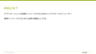 © 2018 Juniper Networks
K8Sとは？
アプリケーションを柔軟にリリースするためのコンテナオーケストレーター
柔軟にリリースするために必要な機能といえば…
 